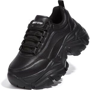 Lucky Step Women Black Rhinestone Lace Up Chunky Dad Casual Walking Sneakers